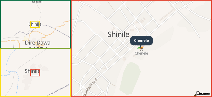 Map showing the address of Chenele in three different zoom levels.