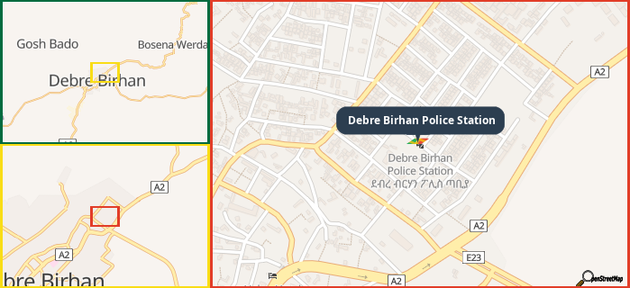 Map showing the address of Debre Birhan Police Station in three different zoom levels.
