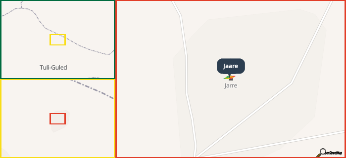 Map showing the address of Jaare in three different zoom levels.