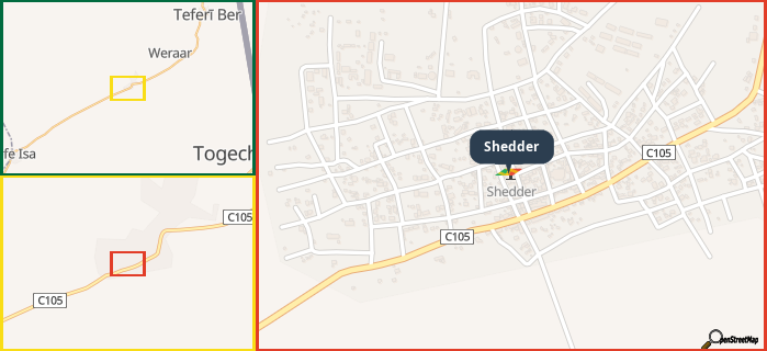 Map showing the address of Shedder in three different zoom levels.