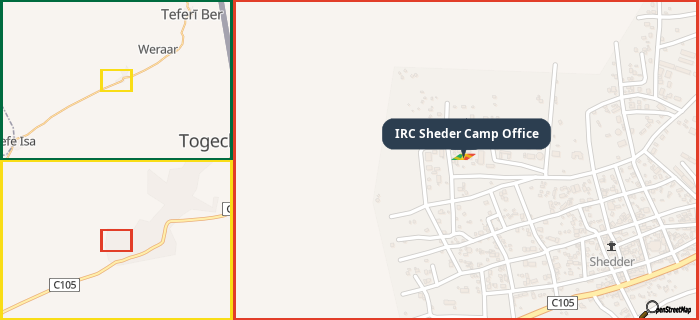 Map showing the address of IRC Sheder Camp Office in three different zoom levels.