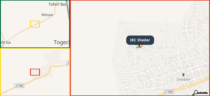 Map showing the address of IRC Sheder in three different zoom levels.