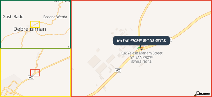 Map showing the address of ኩክ የለሽ ማርያም መግቢያ መንገድ in three different zoom levels.