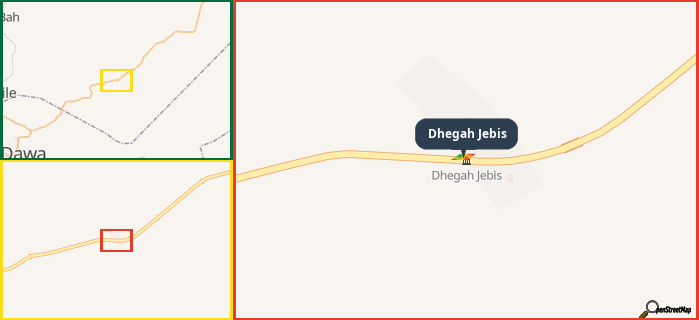 Map showing the address of Dhegah Jebis in three different zoom levels.
