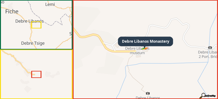 Map showing the address of Debre Libanos Monastery in three different zoom levels.