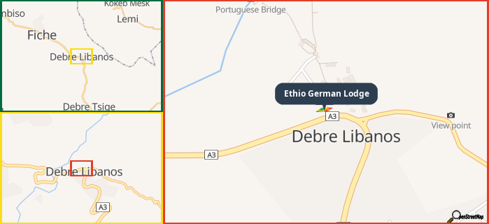 Map showing the address of Ethio German Lodge in three different zoom levels.