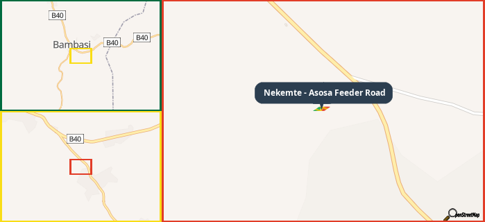 Map showing the address of Nekemte - Asosa Feeder Road in three different zoom levels.
