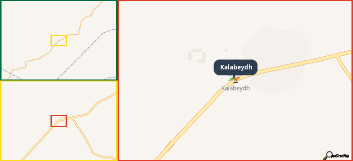 Map showing the address of Kalabeydh in three different zoom levels.