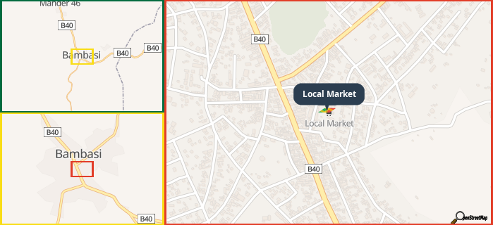 Map showing the address of Local Market in three different zoom levels.