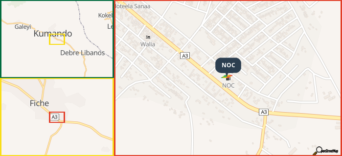 Map showing the address of NOC in three different zoom levels.