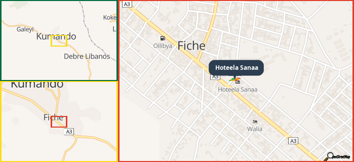 Map showing the address of Hoteela Sanaa in three different zoom levels.