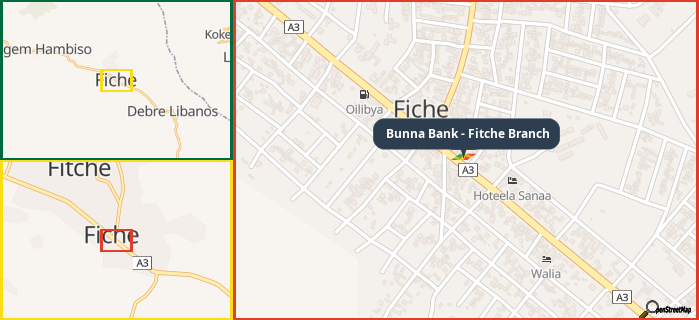 Map showing the address of Bunna Bank - Fitche Branch in three different zoom levels.