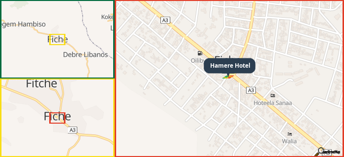 Map showing the address of Hamere Hotel in three different zoom levels.