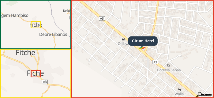 Map showing the address of Girum Hotel in three different zoom levels.