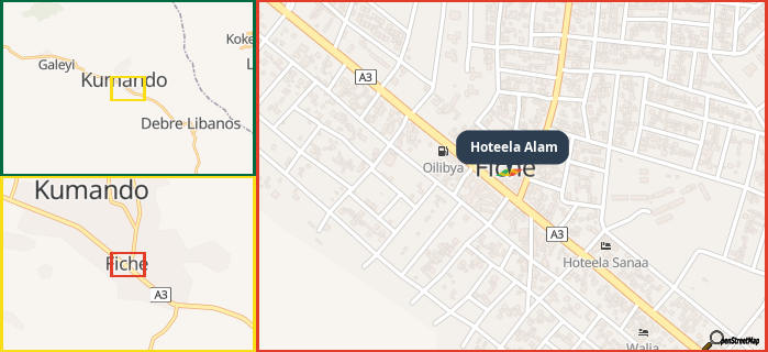 Map showing the address of Hoteela Alam in three different zoom levels.