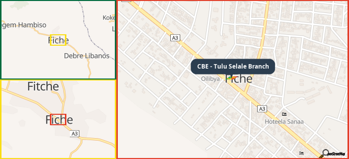 Map showing the address of CBE - Tulu Selale Branch in three different zoom levels.