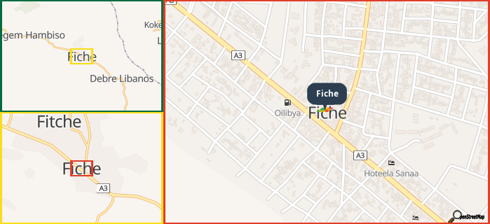 Map showing the address of Fiche in three different zoom levels.
