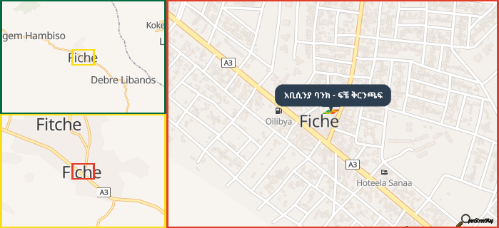 Map showing the address of አቢሲንያ ባንክ - ፍቼ ቅርንጫፍ in three different zoom levels.