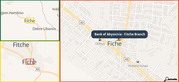 Map showing the address of Bank of Abyssinia - Fitche Branch in three different zoom levels.