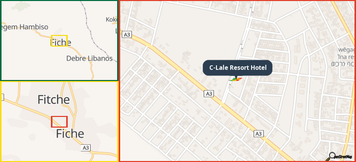 Map showing the address of C-Lale Resort Hotel in three different zoom levels.