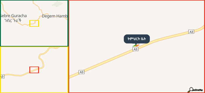 Map showing the address of ትምህርት ቤት in three different zoom levels.