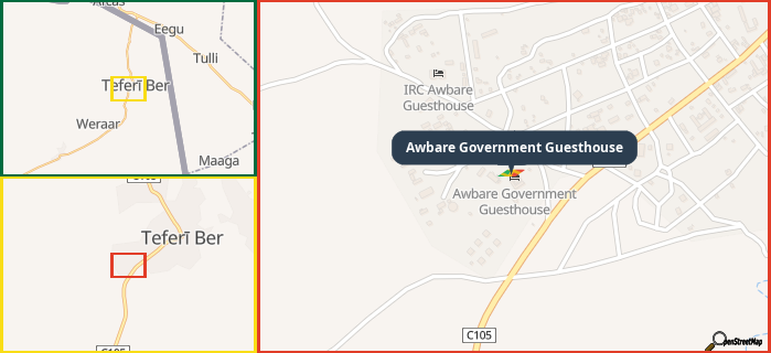 Map showing the address of Awbare Government Guesthouse in three different zoom levels.