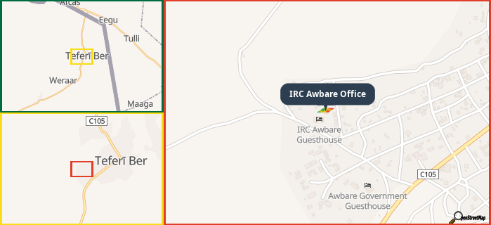 Map showing the address of IRC Awbare Office in three different zoom levels.