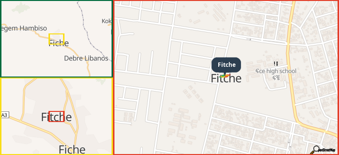Map showing the address of Fitche in three different zoom levels.