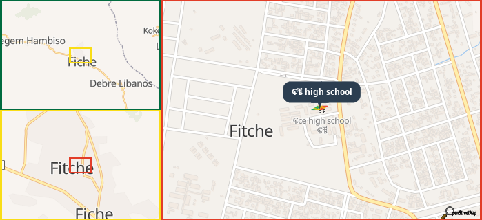 Map showing the address of ፍቼ high school in three different zoom levels.