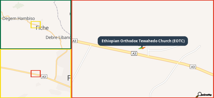 Map showing the address of Ethiopian Orthodox Tewahedo Church (EOTC) in three different zoom levels.