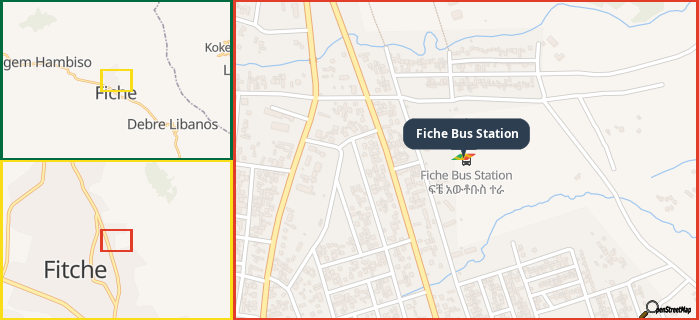 Map showing the address of Fiche Bus Station in three different zoom levels.