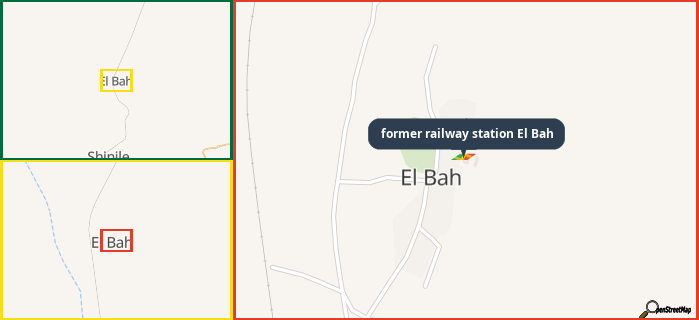 Map showing the address of former railway station El Bah in three different zoom levels.