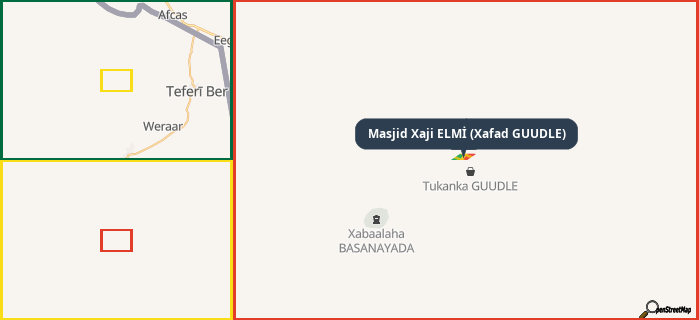 Map showing the address of Masjid Xaji ELMİ (Xafad GUUDLE) in three different zoom levels.