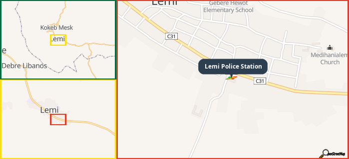 Map showing the address of Lemi Police Station in three different zoom levels.