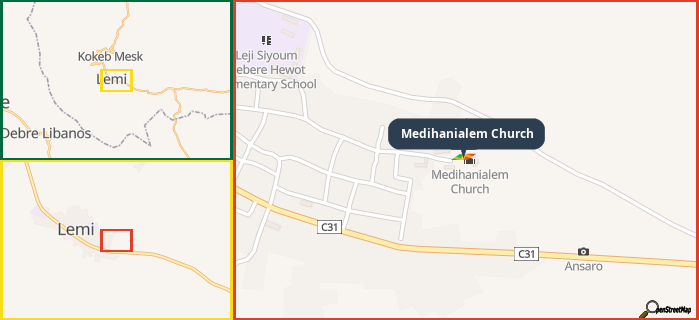 Map showing the address of Medihanialem Church in three different zoom levels.