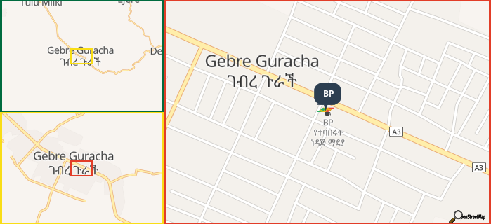 Map showing the address of BP in three different zoom levels.