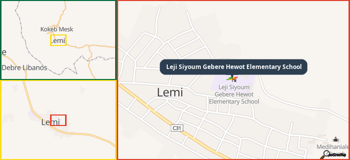 Map showing the address of Leji Siyoum Gebere Hewot Elementary School in three different zoom levels.