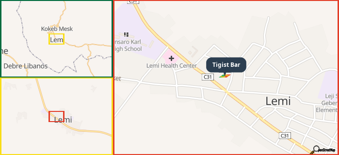Map showing the address of Tigist Bar in three different zoom levels.