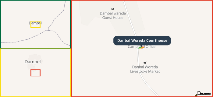 Map showing the address of Danbal Woreda Courthouse in three different zoom levels.
