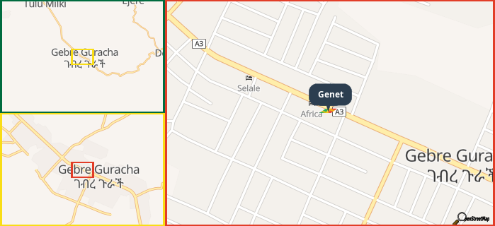Map showing the address of Genet in three different zoom levels.