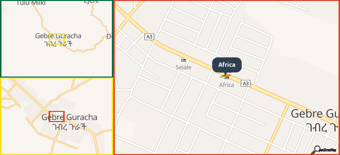 Map showing the address of Africa in three different zoom levels.