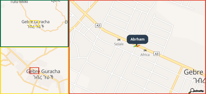 Map showing the address of Abrham in three different zoom levels.