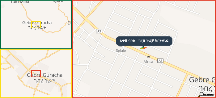 Map showing the address of አዋሽ ባንክ - ገርበ ጉራቻ ቅርንጫፍ in three different zoom levels.