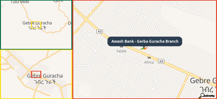 Map showing the address of Awash Bank - Gerba Guracha Branch in three different zoom levels.