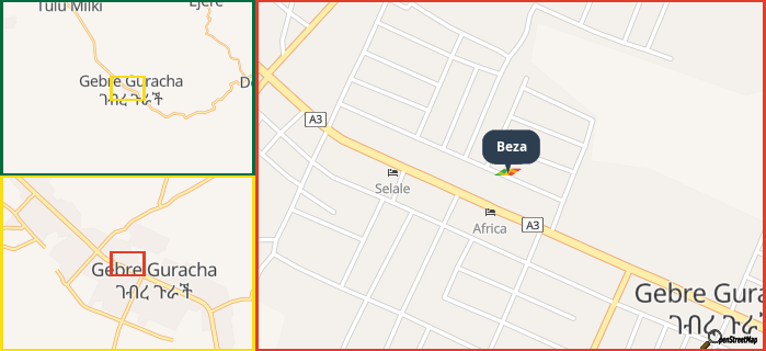 Map showing the address of Beza in three different zoom levels.