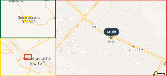 Map showing the address of Selale in three different zoom levels.