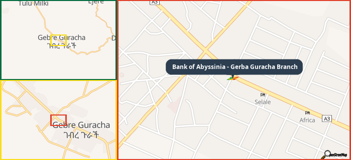 Map showing the address of Bank of Abyssinia - Gerba Guracha Branch in three different zoom levels.