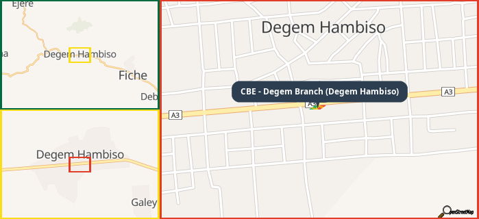 Map showing the address of CBE - Degem Branch (Degem Hambiso) in three different zoom levels.