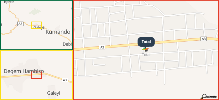 Map showing the address of Total in three different zoom levels.