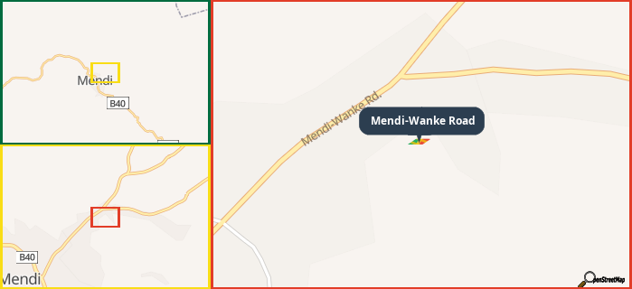 Map showing the address of Mendi-Wanke Road in three different zoom levels.